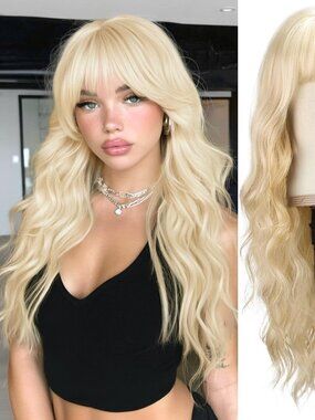 New BARSDAR Long Wavy Blonde Wig With Bangs - 26 Inch Long